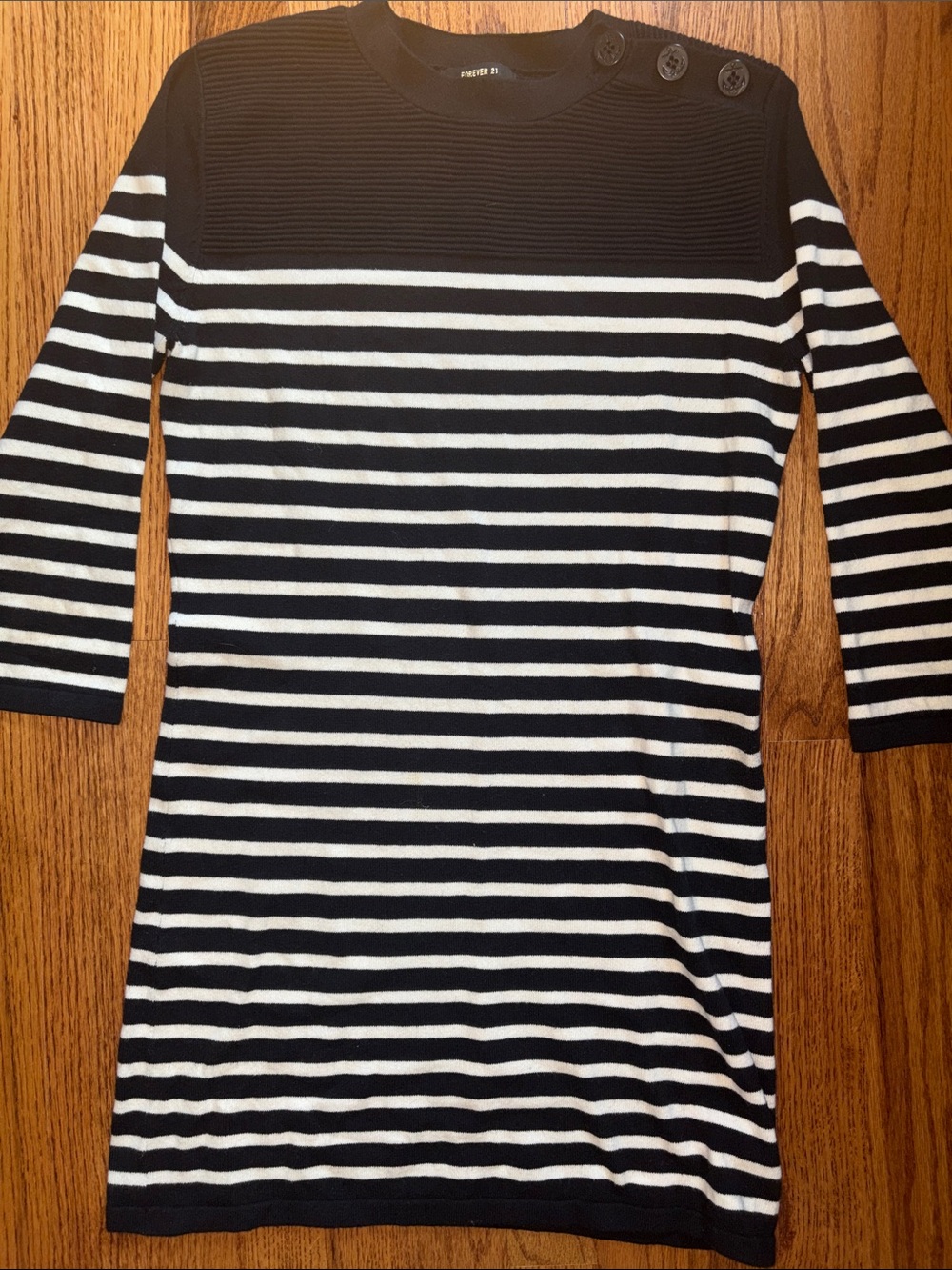 Forever 21 Black and White Striped Knit Dress with Shoulder Buttons (Medium)